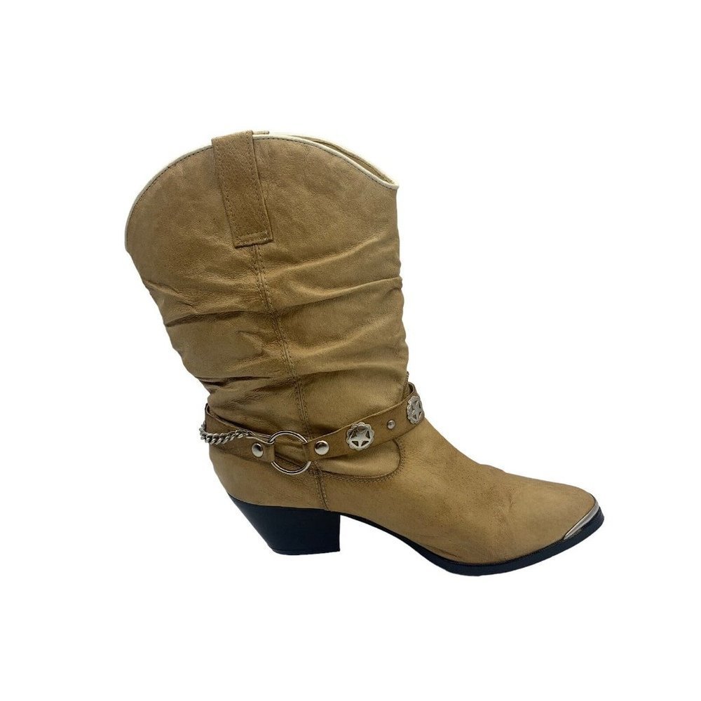 Dingo Women 10M Leather Slouch Harness Strap Western Cowgirl Tan Boots DI 526 - Picture 6 of 12